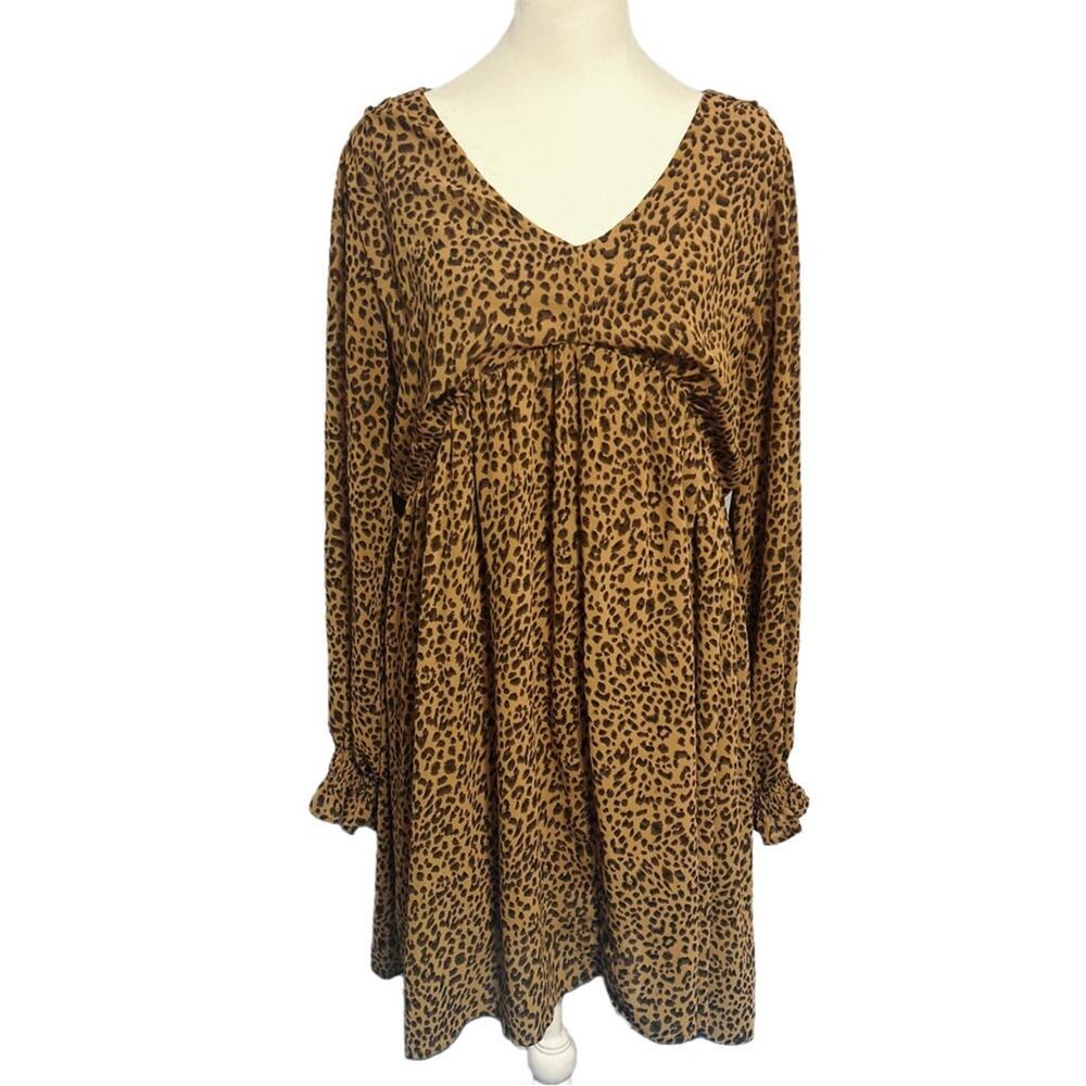 Kori America Dress Size Medium Brown Leopard Baby Doll Ruffled Sleeves Lined